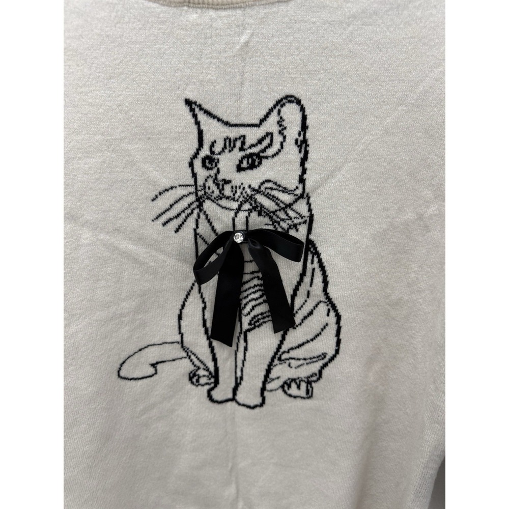 On 12th Cream Cat Graphic Sweater Size Large Bow Detail Knit Top Viscose Blend - Picture 2 of 9